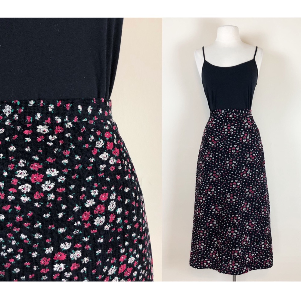vintage 90s criss cross textured corduroy skirt black ditsy floral a line midi